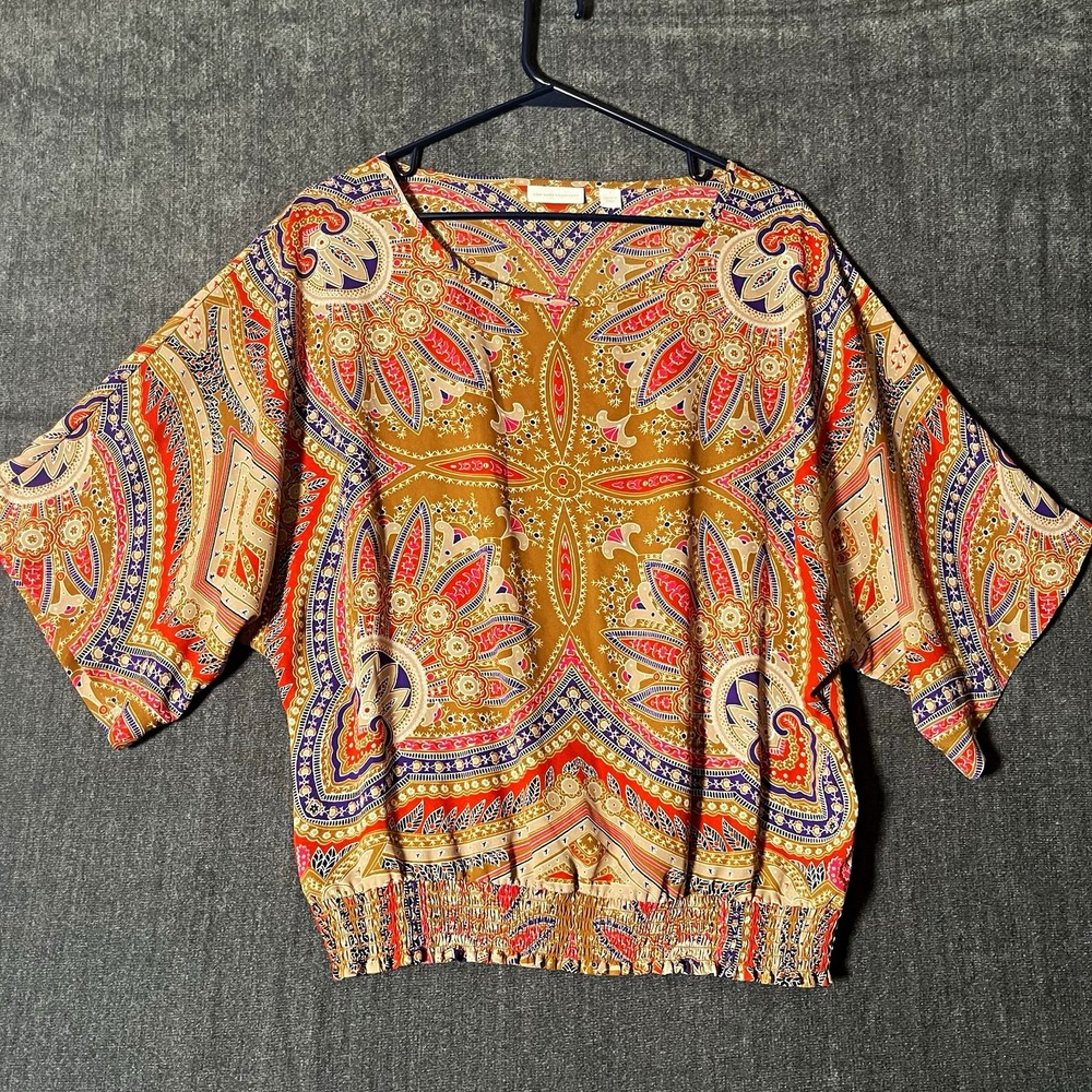 New York & Company Women's S Brown Paisley V-Neck 3/4 Kimono Chiffon Blouse